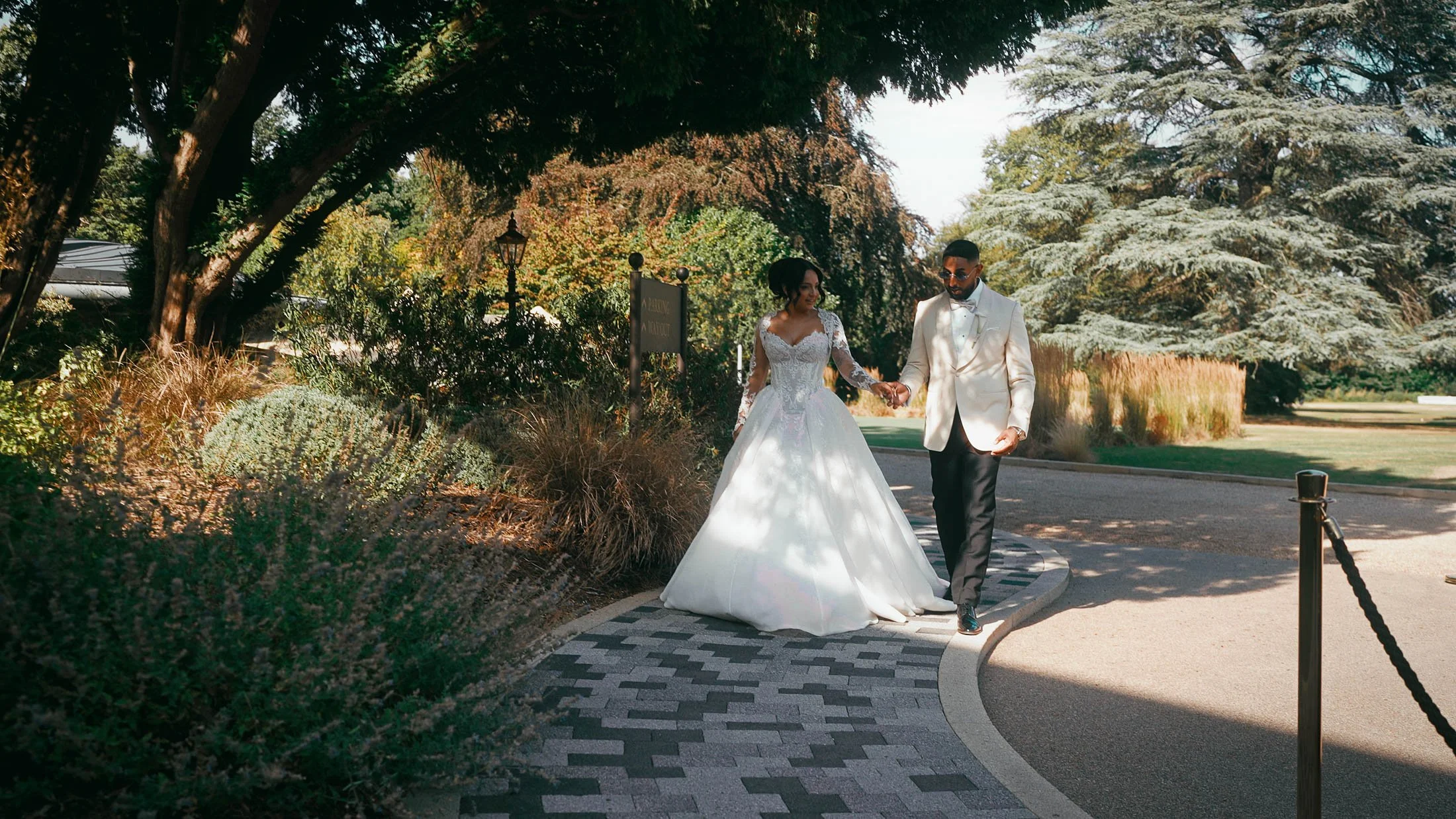 Wedding videography couple portraits at the front of Grantley Hall wedding venue in Yorkshire.