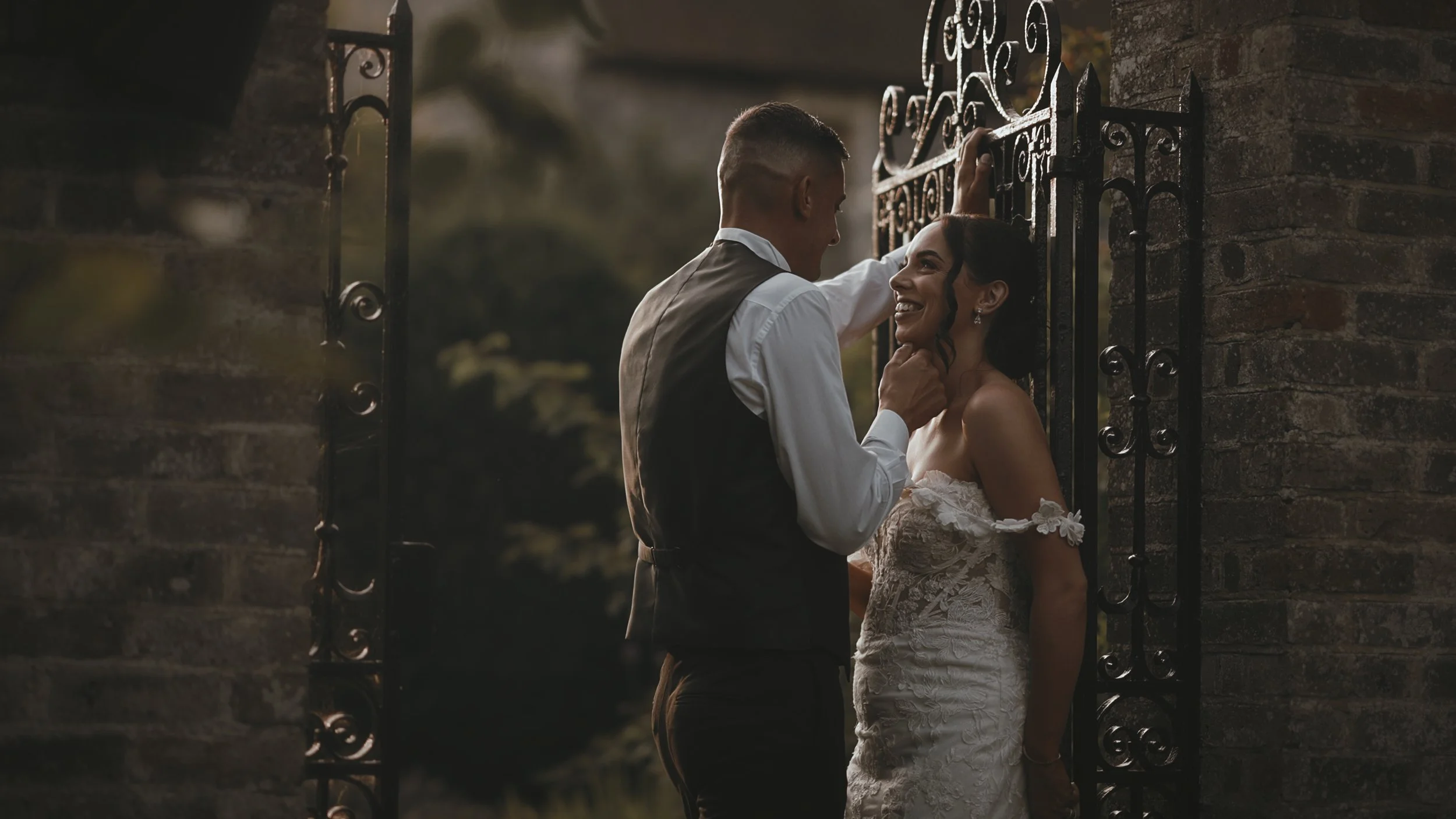 A cienmatic wedding film screenshot of a couple on their Kent wedding day at Chapel House Estate.
