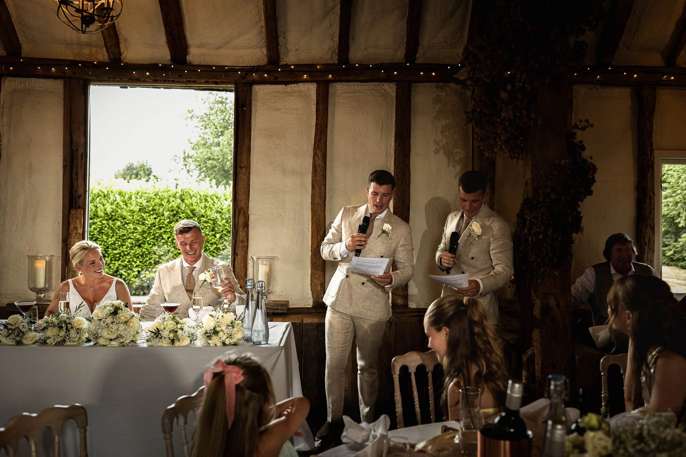 Two Best Men deliver a wedding speech at Winters Barns in Kent.