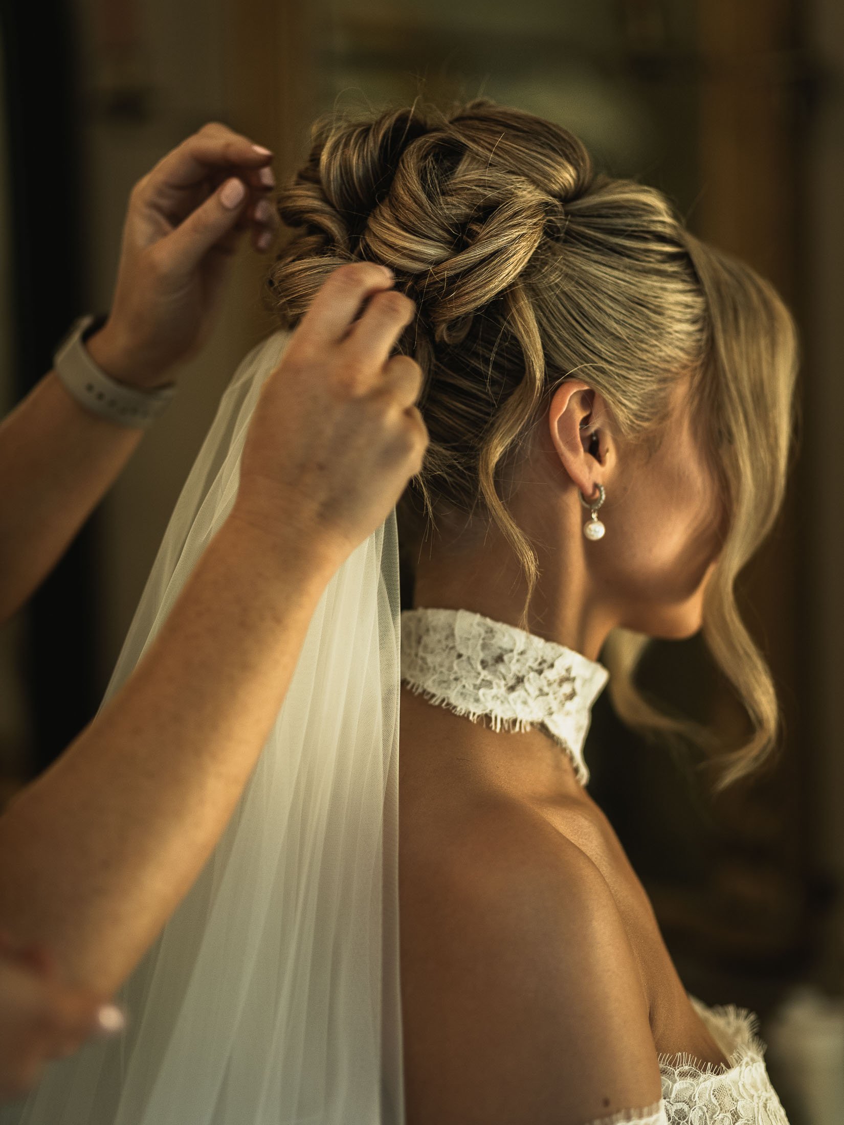 Bridal hair design during morning preparations at The Orangery Maidstone.