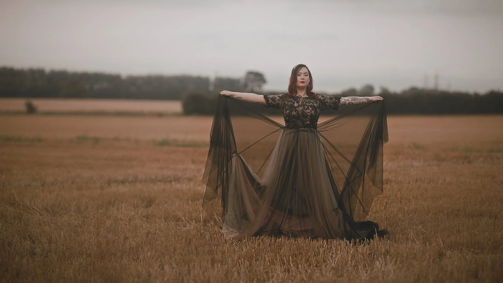 Bride standing alone in a field in a gothic-inspired wedding dress portrait