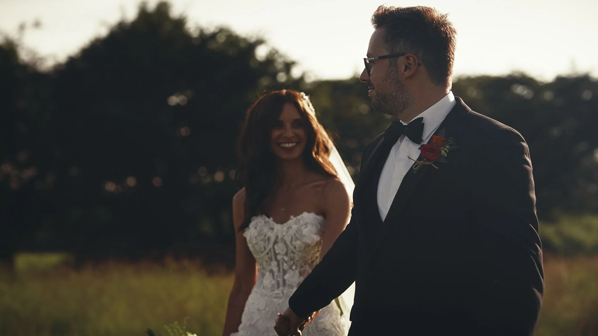 An editorial style couples portrait session from a black tie wedding at The Old Kent Barn, captured by Kent wedding videographer Luke Batchelor Productions.