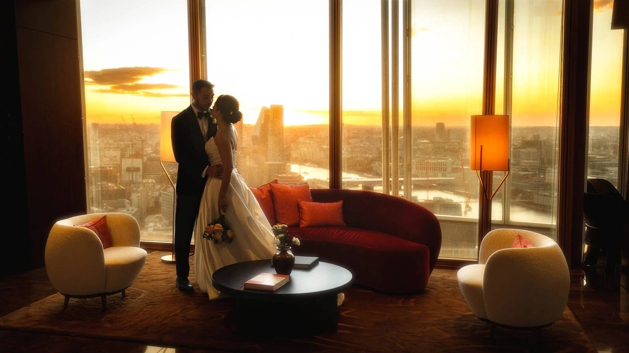 A romantic and timeless golden hour couples portrait showing a bride and groom during their black tie London wedding at the Shangri-La The Shard.