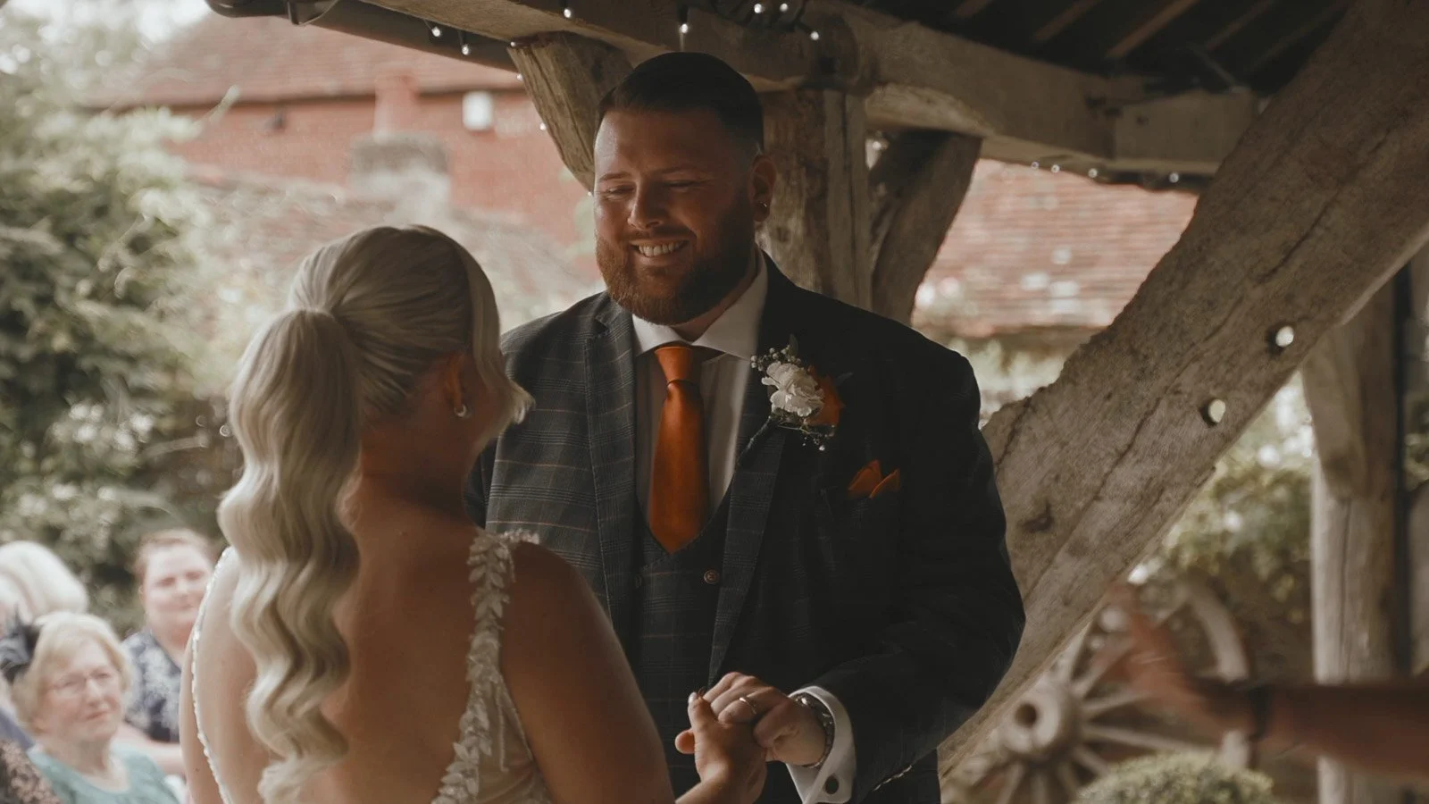 Emotional groom reaction during the ceremony at Winters Barns.