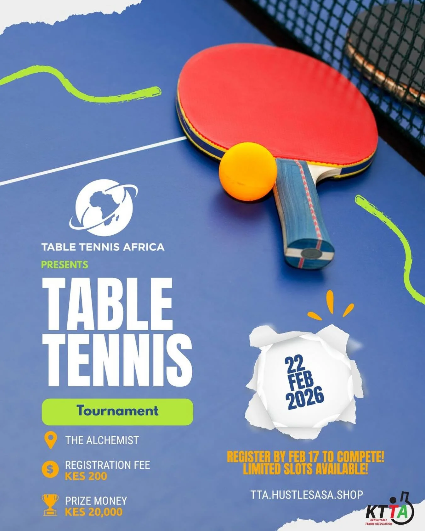NAIROBI SMASH: THE CITY TAKEOVER 🏓🔥

@tabletennisafrica presents the first-ever Nairobi Smash&mdash;a high-energy, fast-paced afternoon designed for the bold and the social. On Sunday, Feb 22nd, we&rsquo;re taking over The Alchemist for 4 hours of 
