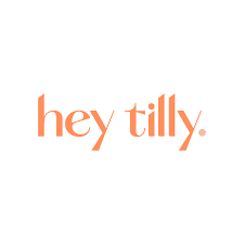 Text that reads 'hey tilly.' in orange lowercase letters on a white background.