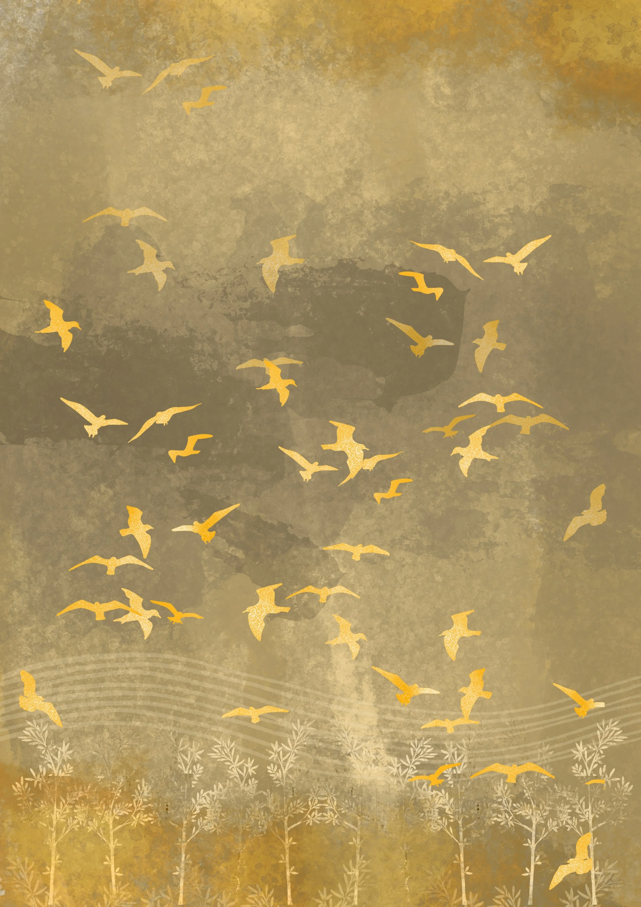 golden scene of birds and field, irish illustrator