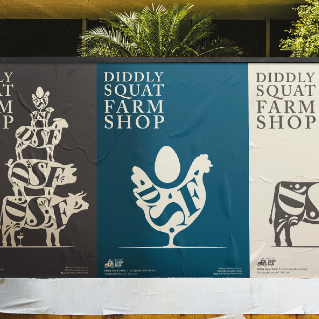 Branding &amp; posters for Diddly Squat Farm, Cotswolds. The farm shop, born out of Jeremy Clarkson's 'Clarkson's Farm' has hundreds of branded food, drinks &amp; merch items I have designed. Some of the brand elements here, following the tongue-n-ch