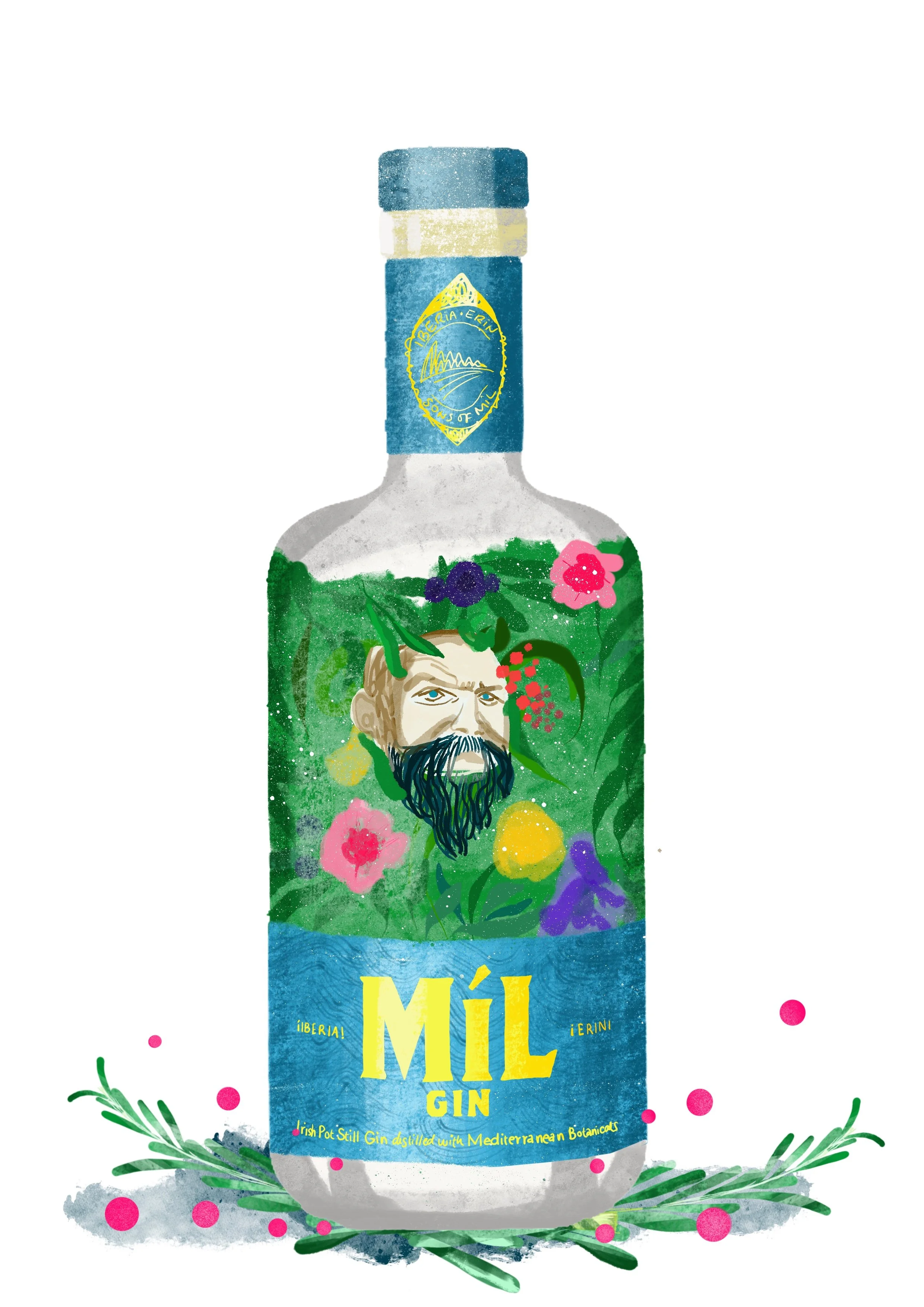 irish gin, irish mil gin bottle illustration, illustrator in dublin
