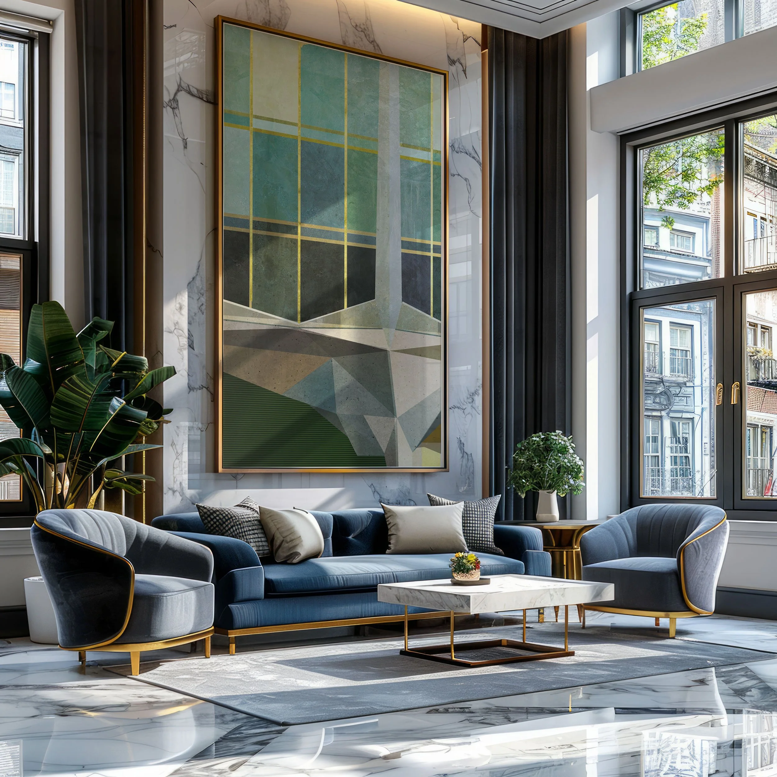 Modern living room with large windows, marble flooring, blue velvet sofa and armchairs with gold accents, a white marble coffee table with a flower arrangement, large abstract artwork on the wall, indoor plants, and a cityscape view outside.