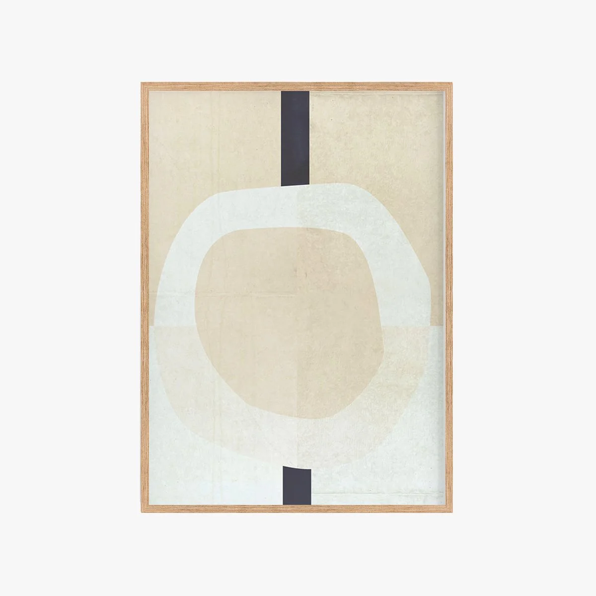 Abstract artwork with a beige background, white shape resembling a rounded square with a circular cutout, framed by a light wood border.