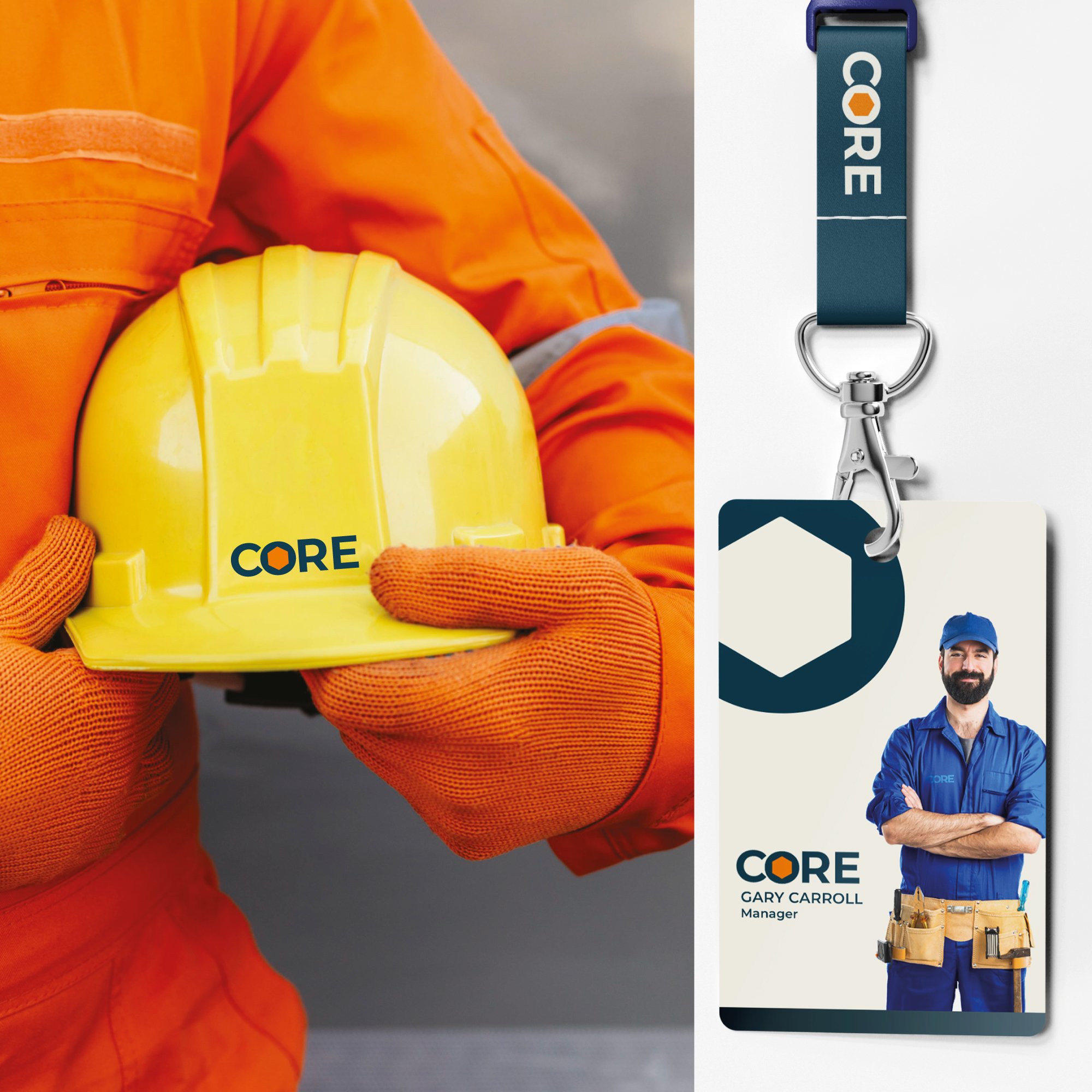 building industry graphic designer, yellow helmut with logo