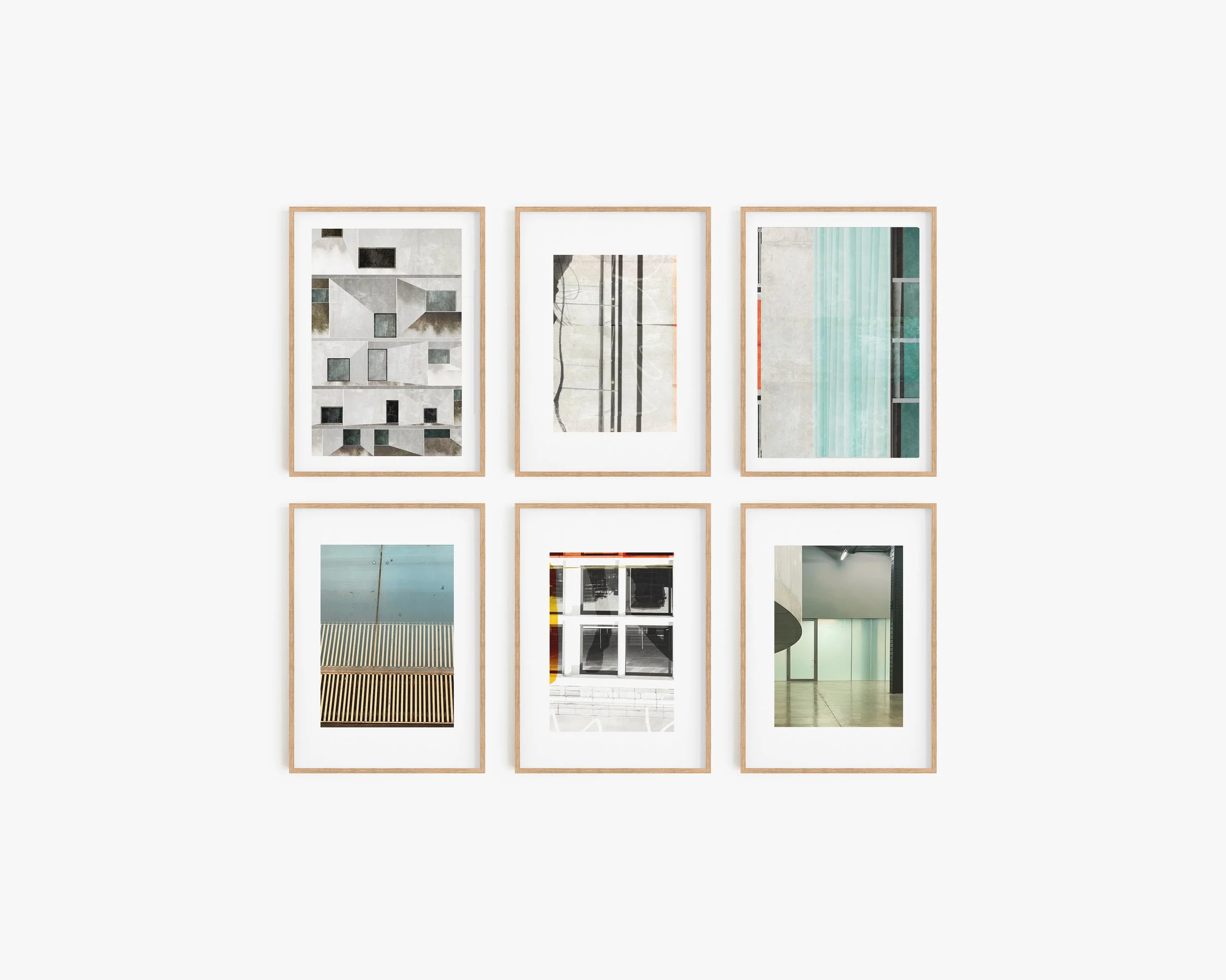 Six framed abstract art pieces arranged in two rows on a white wall, featuring geometric shapes, lines, and textures.