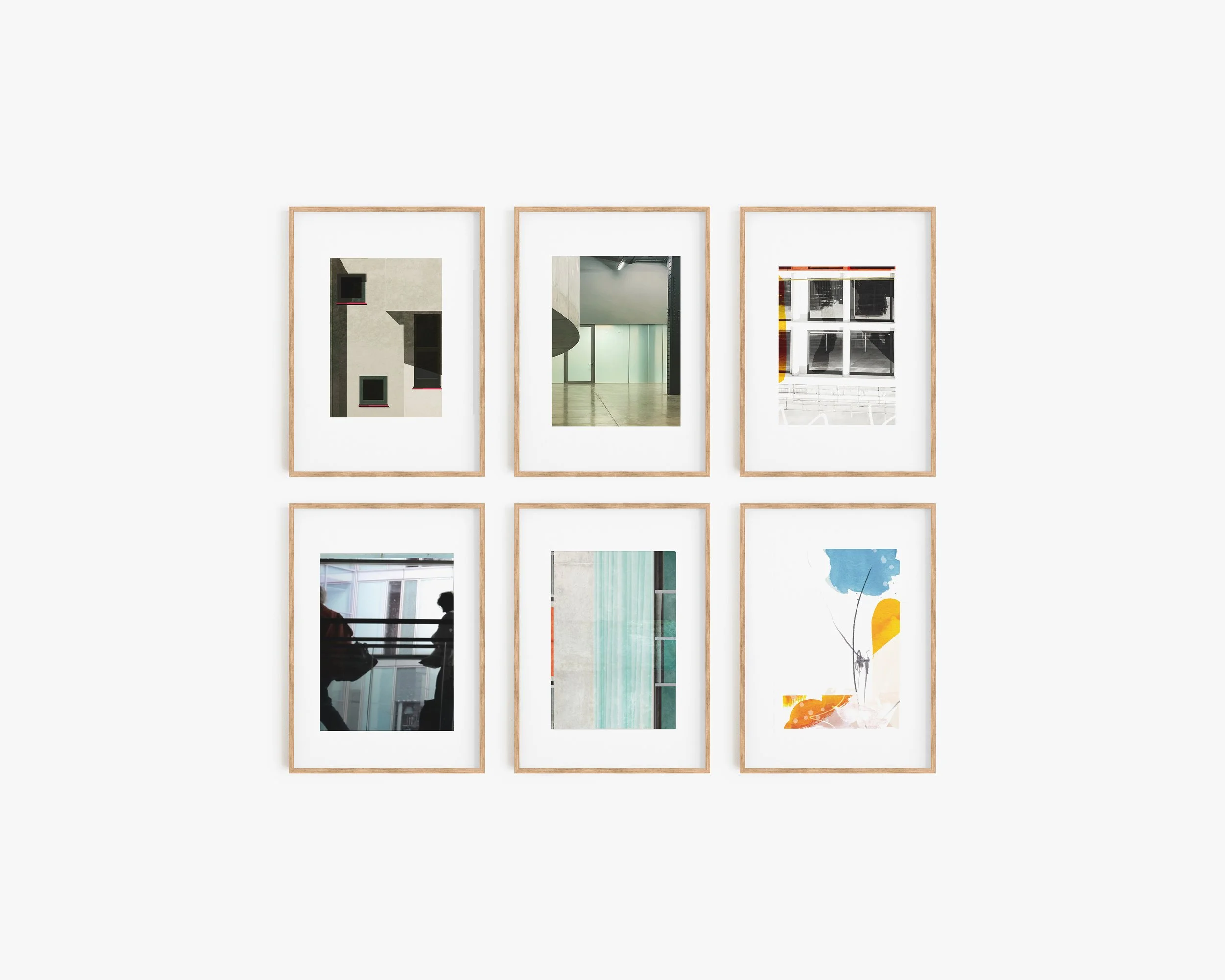 Six framed photographs of modern architectural and abstract art, arranged in two rows of three on a white wall.