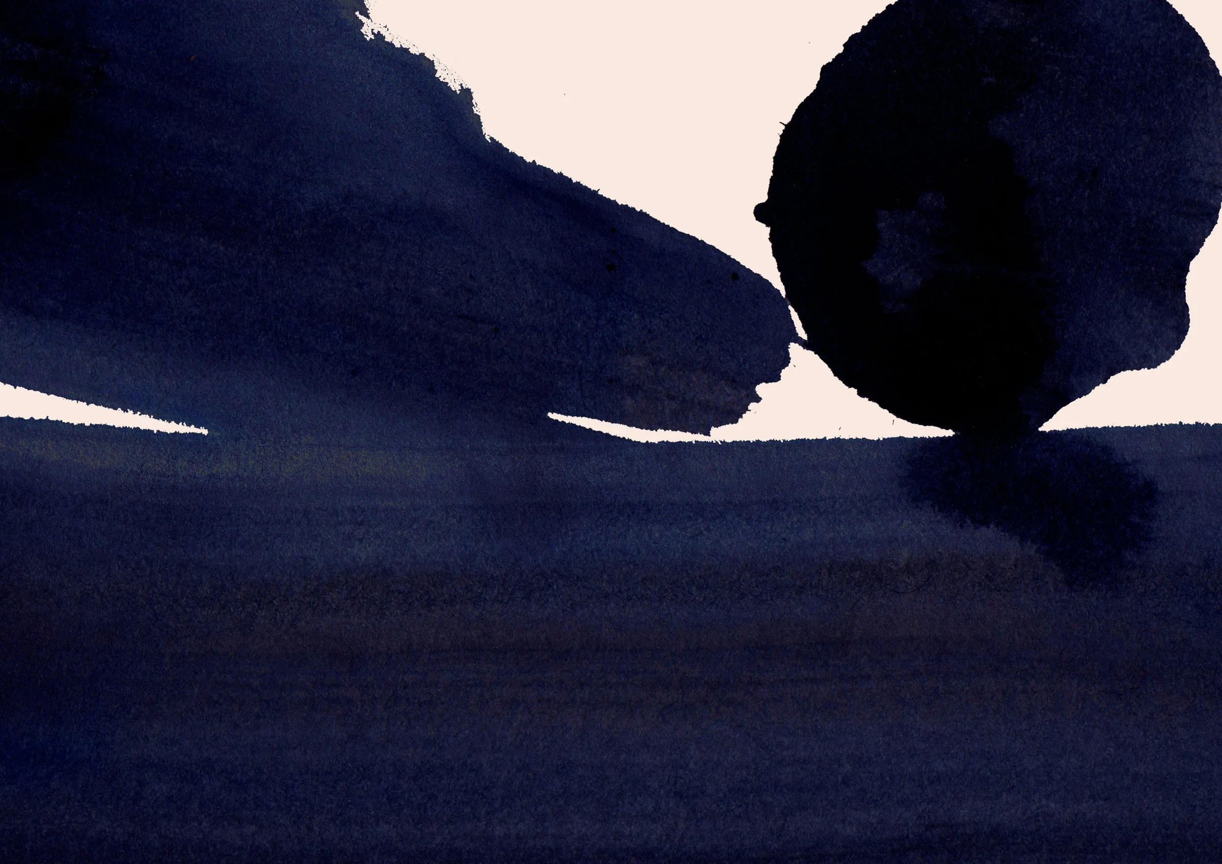 Abstract watercolor painting with dark blue and black ink strokes on white background.