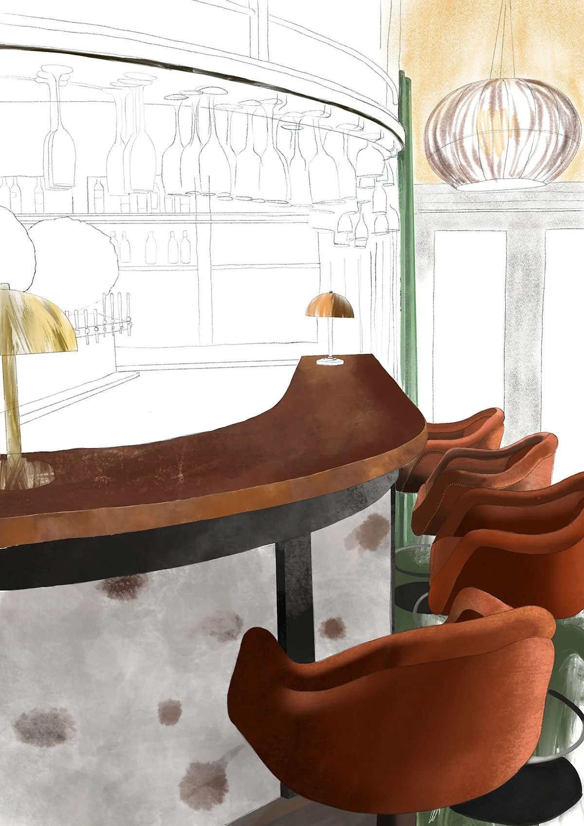 interiors illustrator for hospitality, illustration of bar and restaurant.