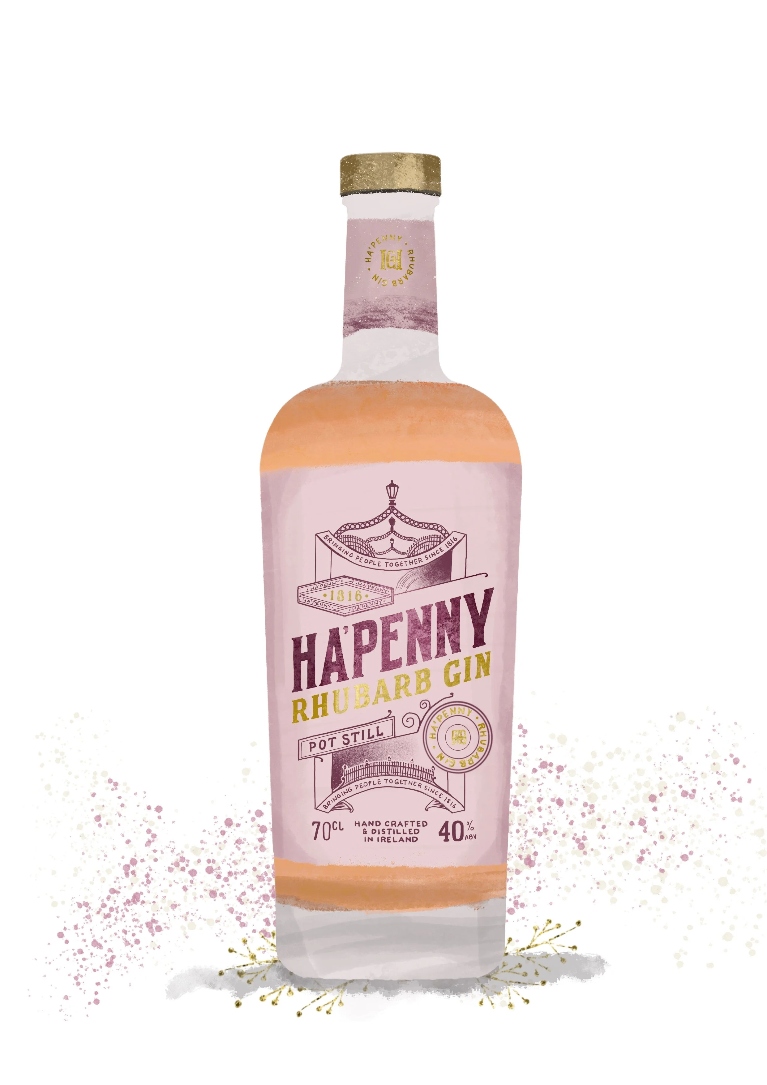 hapenny gin bottle illustration, irish illustrator
