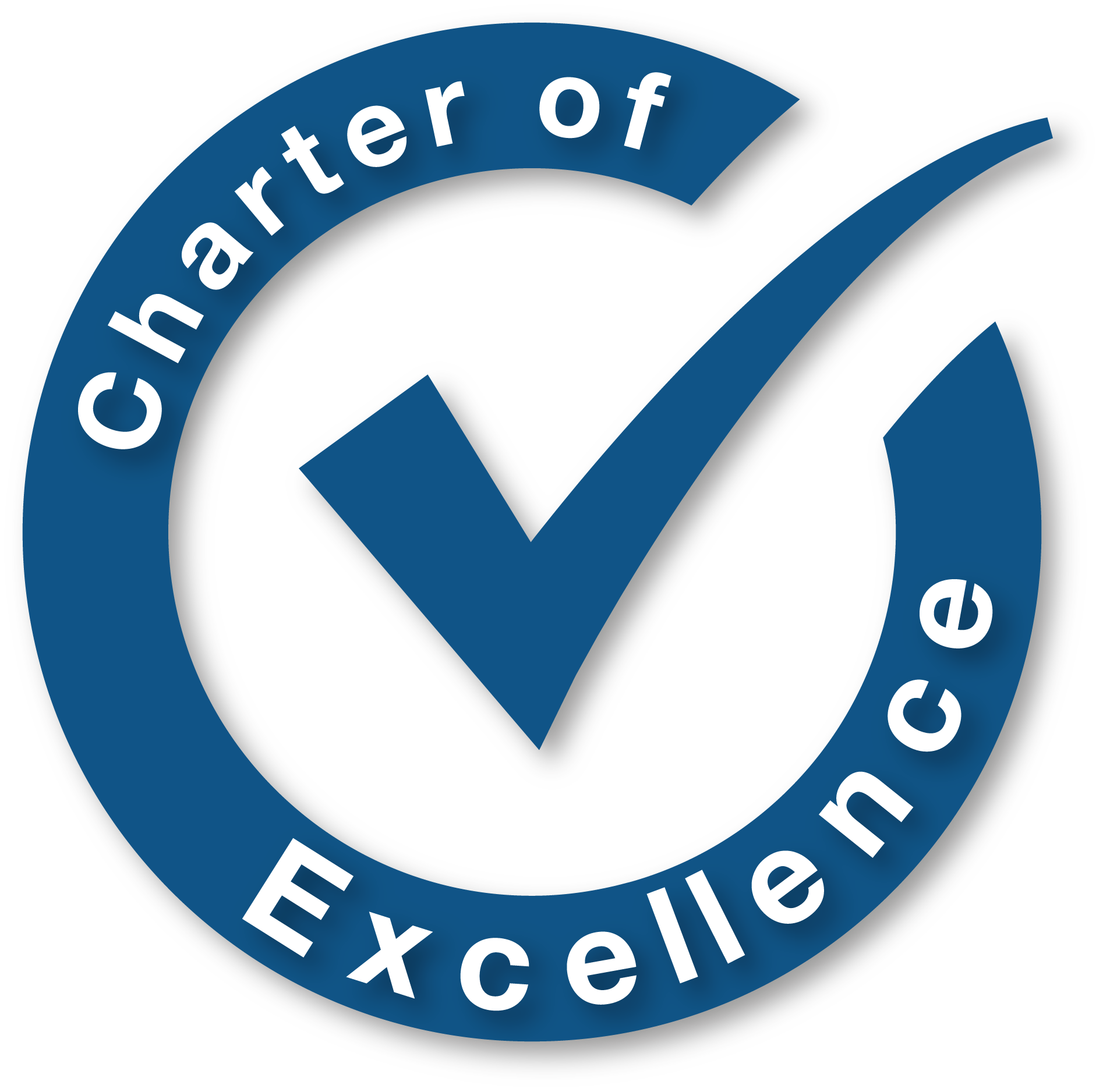 A blue circular logo with a checkmark in the center. The words 'Charter of Excellence' are written along the circumference of the circle.