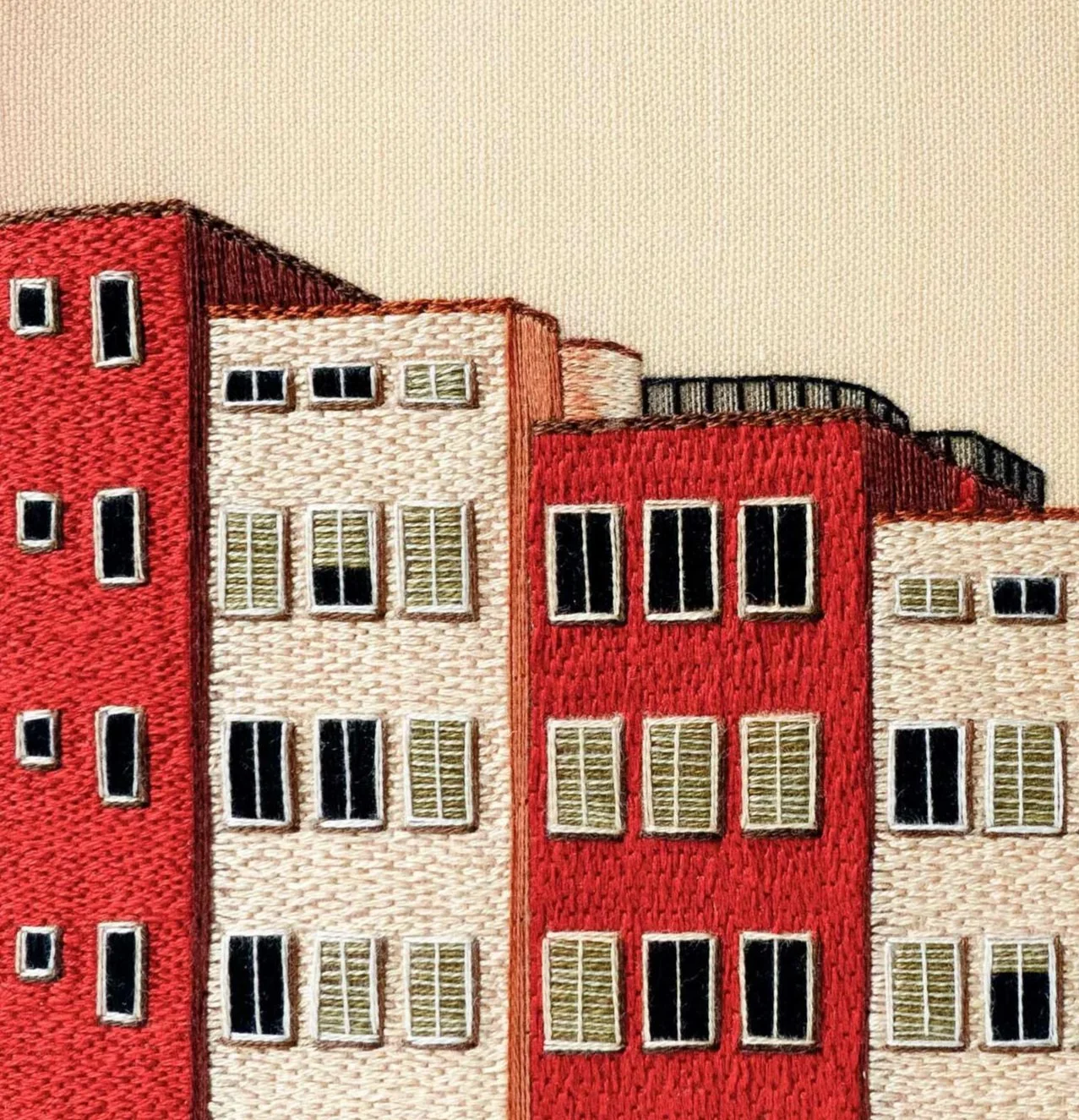 Red buildings lockdown embroidery on fabric