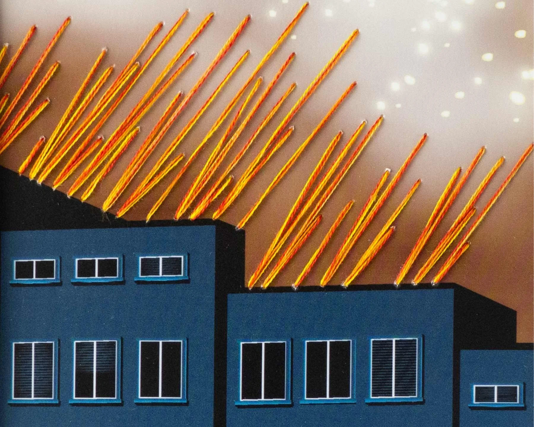 Illustration of two modern blue buildings with rectangular windows, set against a background with orange and yellow flaming torches embroidered on paper.
