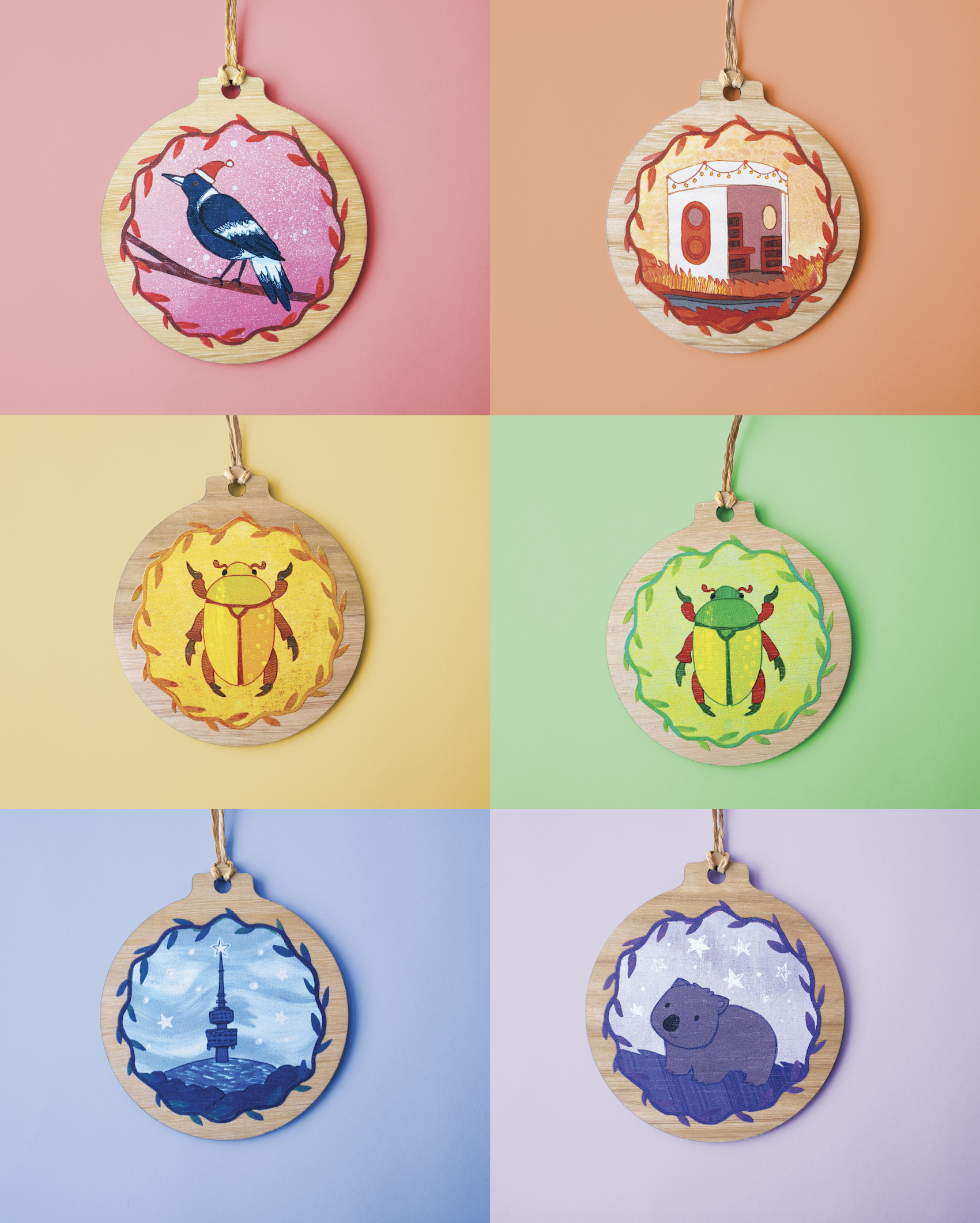 Set of 6 Wooden Baubles