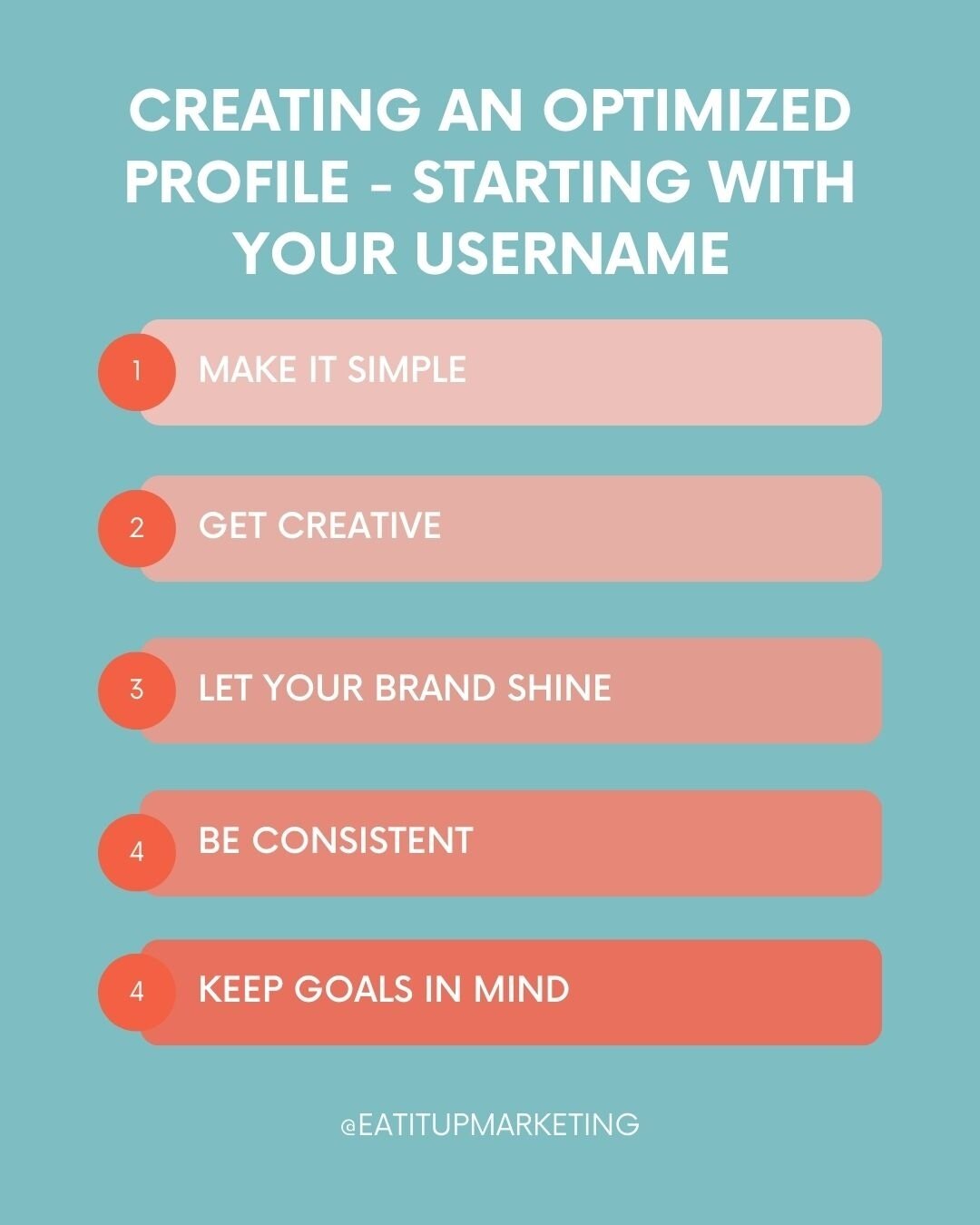 Set the tone for your brand with your username! ✅⁠
⁠
later has done a deep dive on making the most of your Instagram handle. 💅 ⁠
⁠
Swipe through for some inpso. 👉️⁠
⁠
Still feeling stuck? You're not alone - Eat It Up Marketing is here to help! 🙌 L