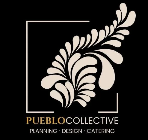 logo for Pueblo Collective with a stylized leaf design, and text for planning, design, and catering services.