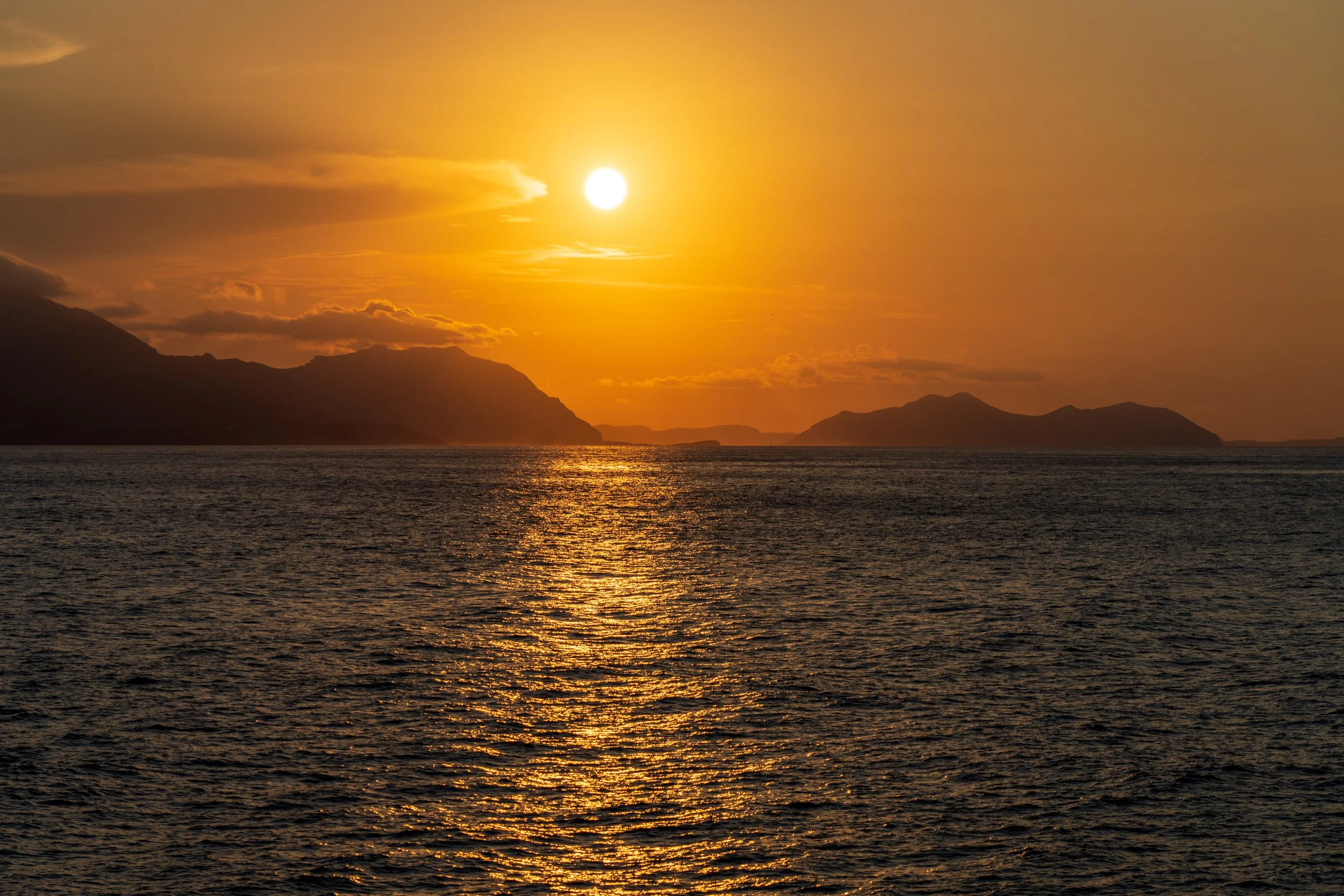 sunset, water, mountains