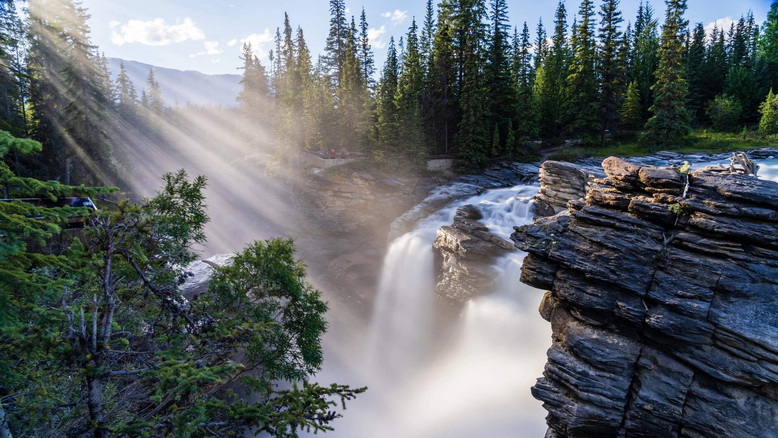 waterfall, sun rays, , jasper, canada