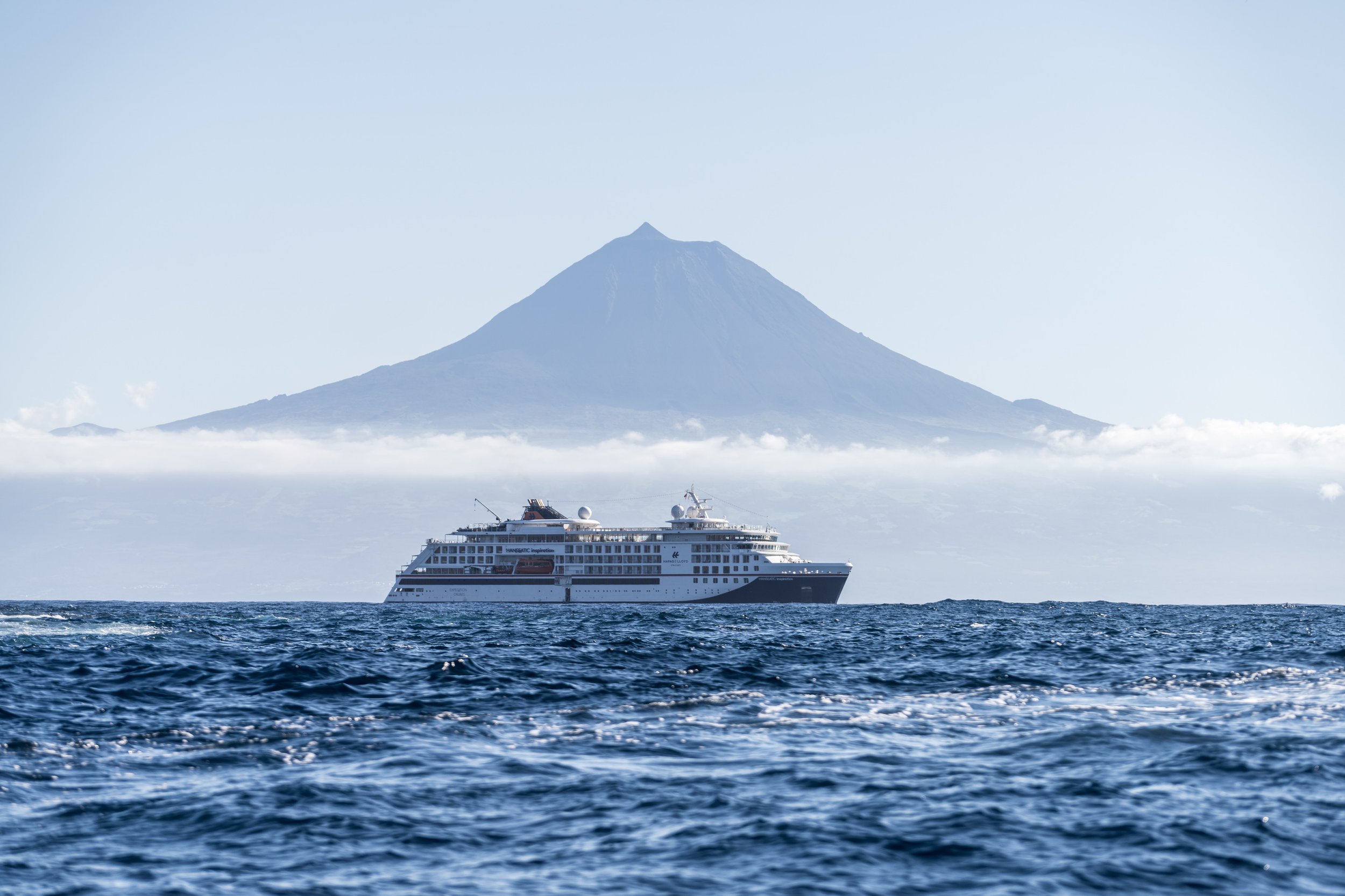 cruise ship in front of a volcano, Pico, Azores 