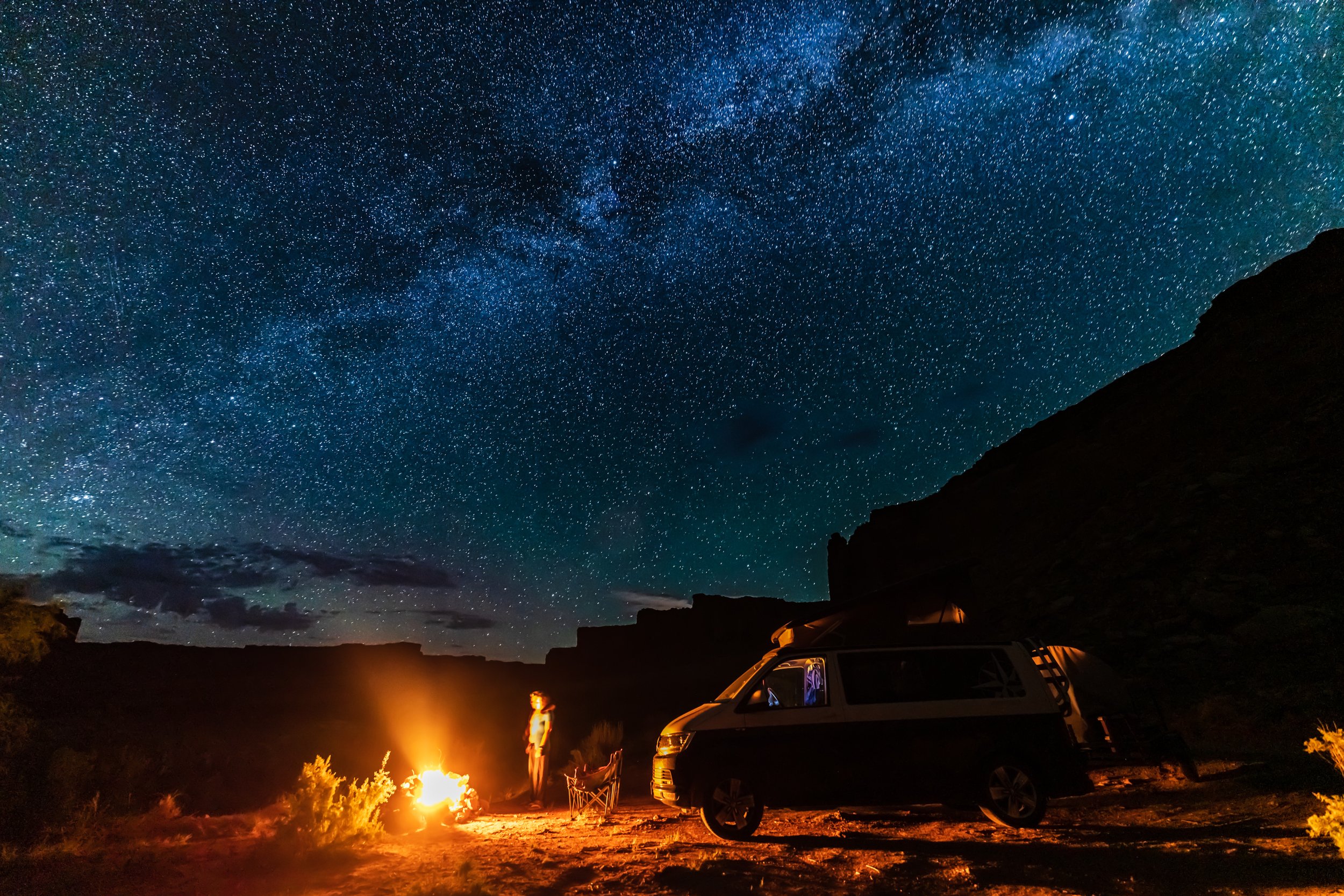 campfire and the Milky Way, Colorado river
