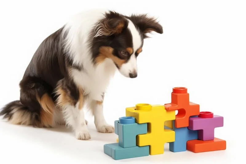 Dog studying a puzzle