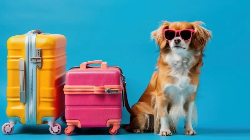 Adorable dog with sunglasses and luggage