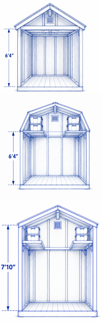 Vertical clearance and wall height comparison between standard utility sheds, lofted barns, and high wall utility shed styles.