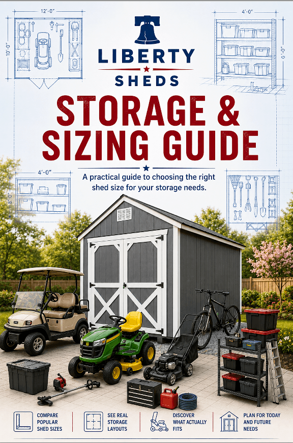 Liberty Sheds Storage and Sizing Guide cover image showing a gray backyard shed with white trim surrounded by outdoor equipment including a golf cart, riding lawnmower, push mower, and bicycle.