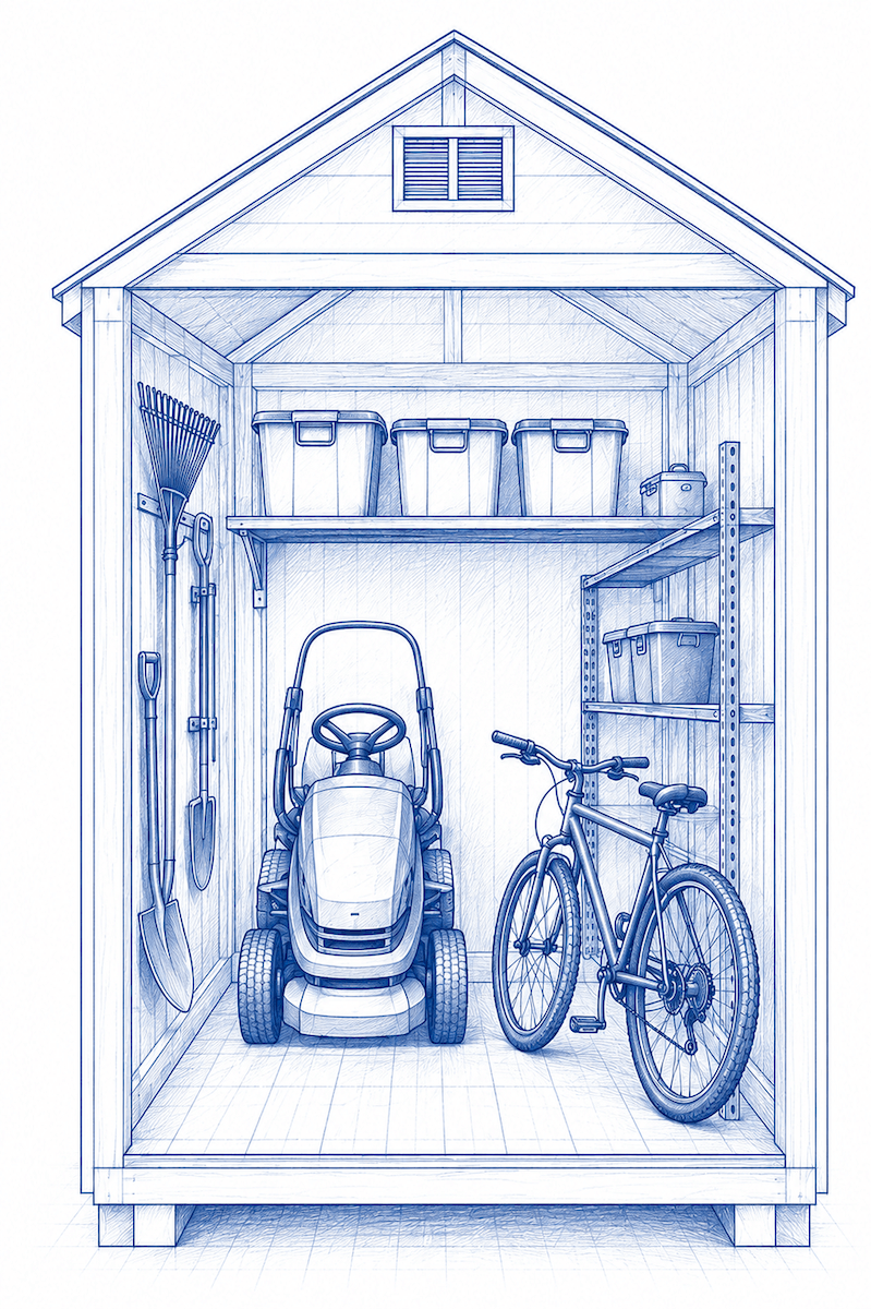 Hand-drawn layout illustration of a backyard storage shed interior featuring a riding mower, bicycle, wall-mounted yard tools, and organizational shelving.