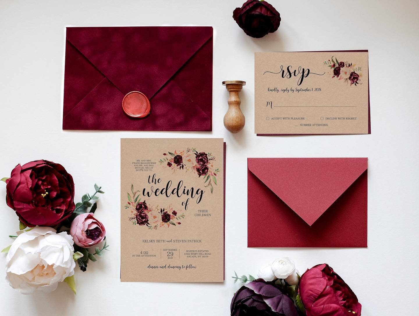 Rustic wedding suite printed on kraft paper. Love the deep red color!