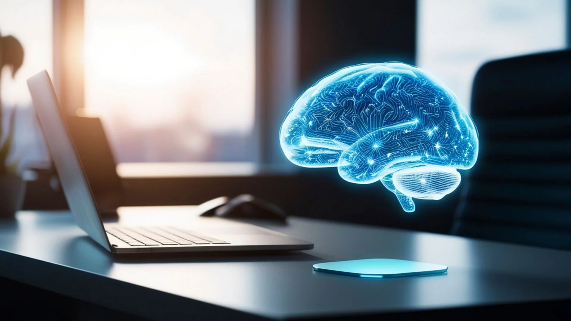 AI brain graphic beside a laptop