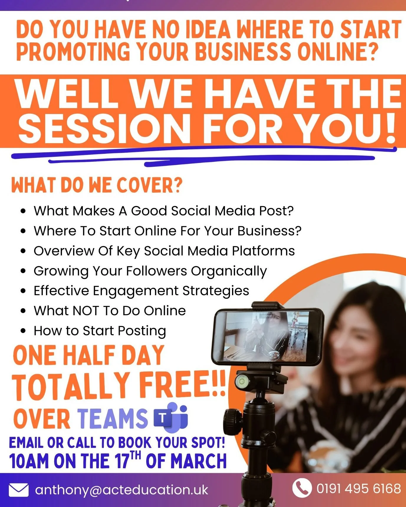 🤳📱Have NO IDEA where to start promoting your business online?📱🤳

From 10am till around 1pm (this can depend on questions and conversation tangents) on the 17th of March, you can have the chance to sit with our content tutor and solve some questio