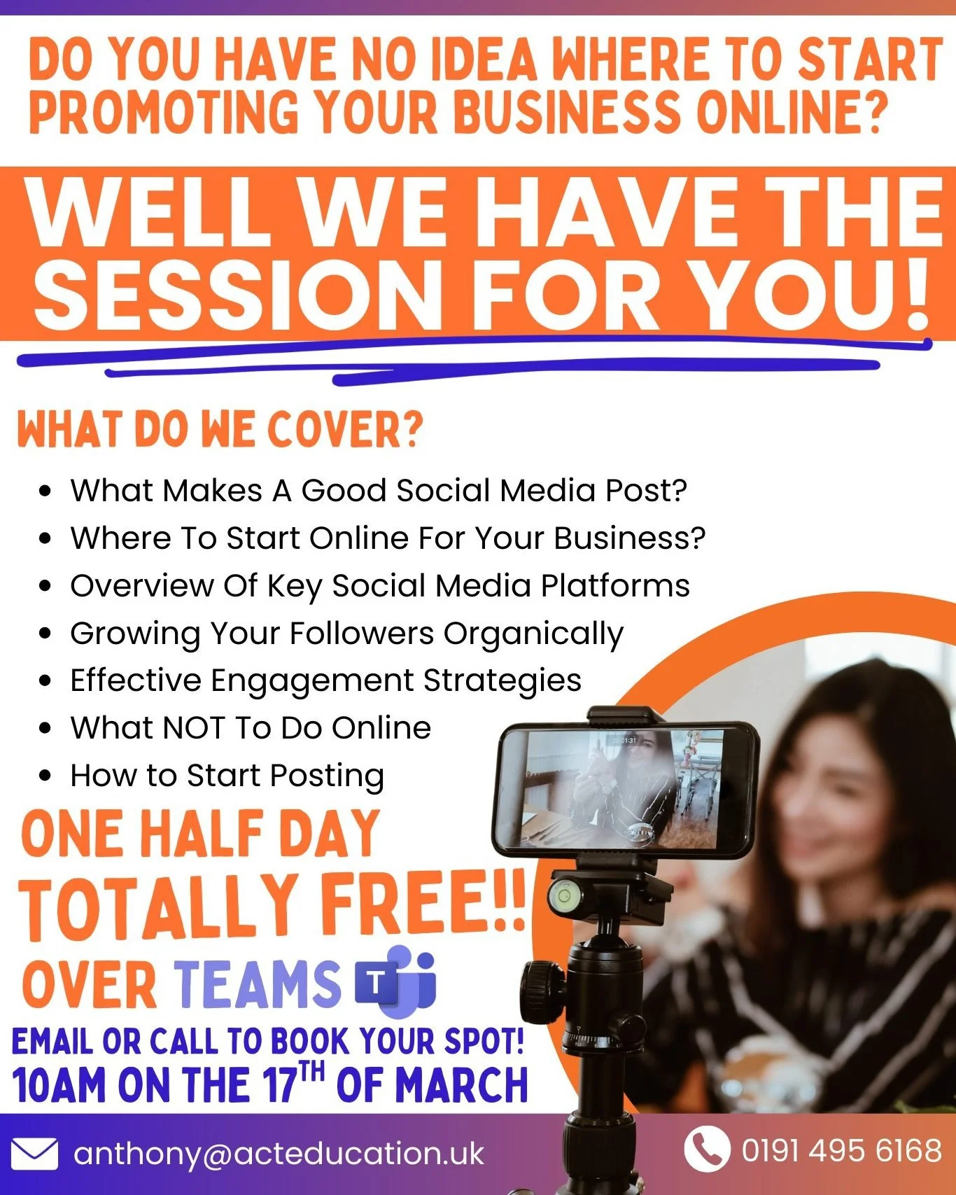 There is still time to book in and attend our short content session next Tuesday!

Totally FREE and easy to attend over Teams. Don't miss out, get in touch and ACT NOW!

Email: anthony@acteducation.uk
Call: 0191 495 6168

#freecourses #smallcontentcr