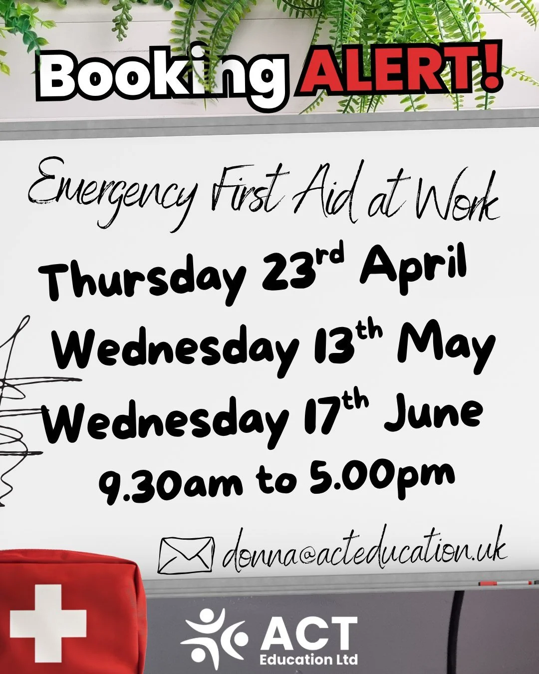 🤕❗🚨BOOKING ALERT!🤕❗🚨 We Have First Aid Training Available!

We have Emergency First Aid at Work, Paediatric First Aid, and First Aid at Work Available To Book!

You saw this correctly, we have a variety of bookable dates now available within the 