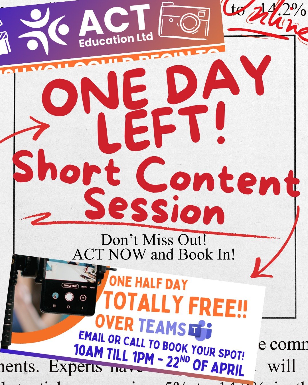 📱🚨ONE DAY LEFT! To book onto our April content session💸 FOR FREE!💸🚨📱

Tomorrow is our next free content session, covering the absolute basics of content creation with a fully qualified content creator. 

We still have some spots available, so d
