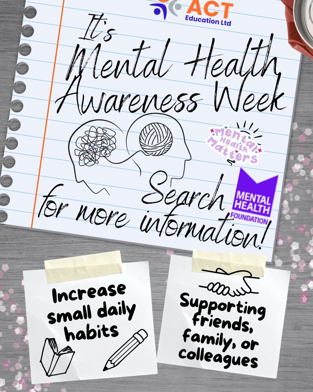 💖🧠It's Mental Health Awareness Week!🧠💖

This week highlights specific advice we love to share when thinking about someone's mental health and what to keep in mind. 

Increase your small daily habits, such as increasing physical activity or taking