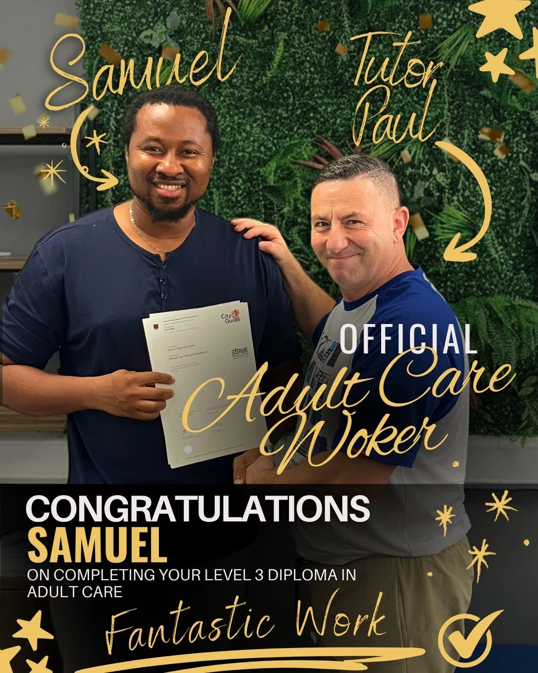 🎉Huge congrats, Samuel, on becoming an officially qualified adult care worker! 🎉

🌟Your dedication and natural ability to care for others have paid off. We're honoured to have played a part in your journey and can't wait to see the difference you'