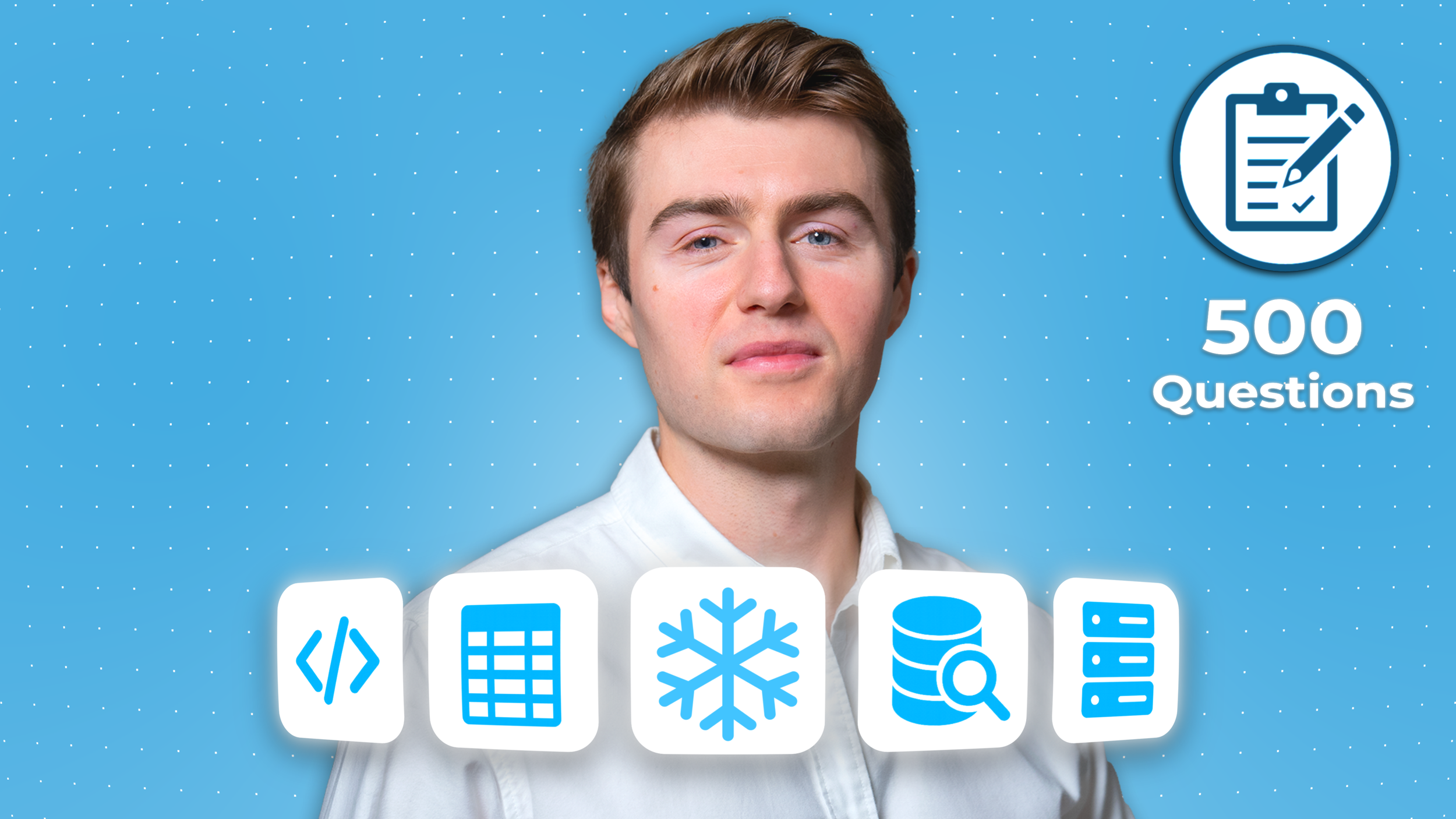 A young man with light skin and brown hair, wearing a white shirt, looking into the camera, with a blue background that has small white dots and a graphical user interface overlay of icons. The icons include a coding symbol, a calculator, a snowflake, a database, and a server rack. On the top right, there is a circular icon with a clipboard and pencil, with the text "500 Questions" next to it.