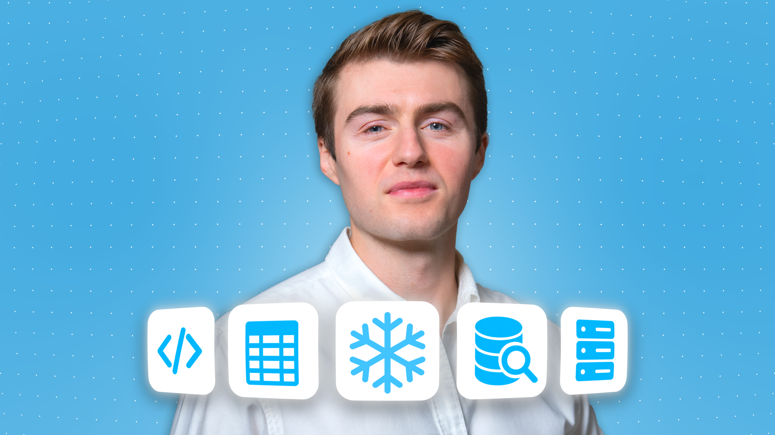 A young man with short brown hair wearing a white shirt, standing in front of a blue background with a pattern of small dots, looking at the camera. There are five blue and white icons below his face: a code symbol, a grid, a snowflake, stacked disks with a magnifying glass, and a server.
