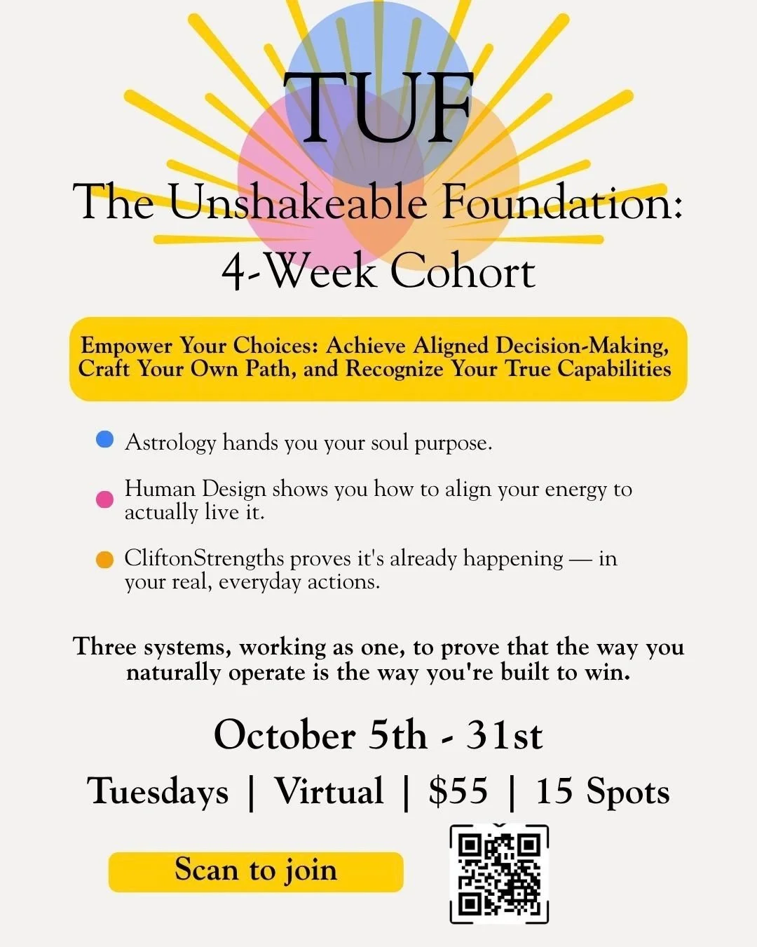 Last call for T.U.F.!

If you've been thinking about joining, this is your nudge. 4 weeks, 3 lenses, Astrology, Human Design, and CliftonStrengths, led by me, Hallie Brevetti  and Mel McSherry together, built to get at the why behind your how.

&rarr