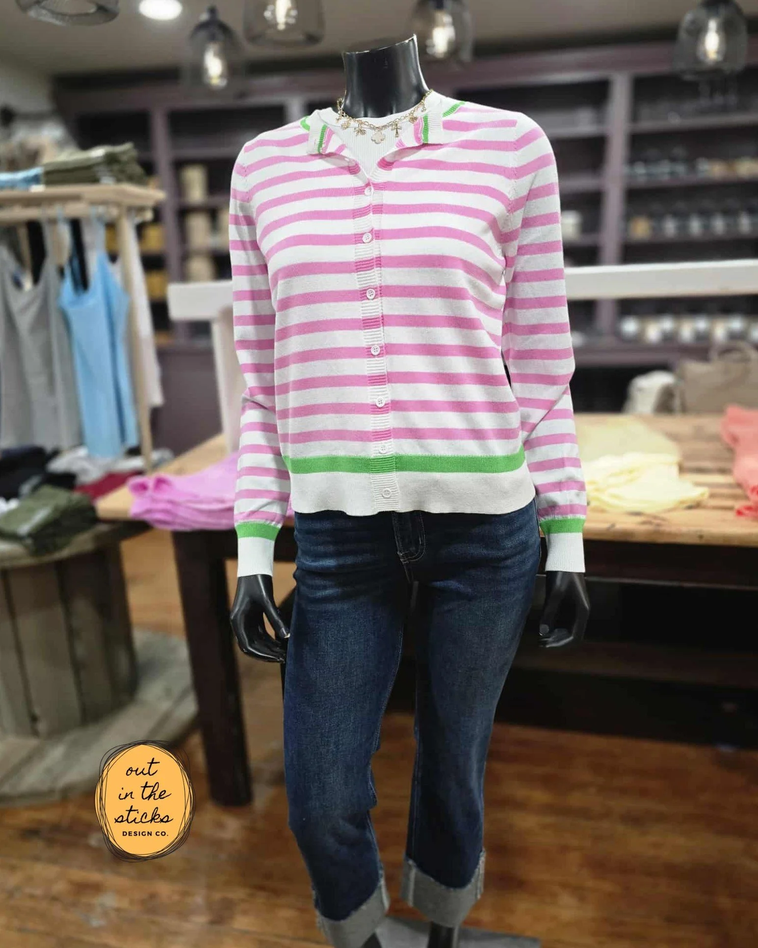 This outfit is bright, playful, and so easy to wear. The pink stripes and pop of green make this cardigan such a fun piece to throw on with your favorite jeans.

We are open today until 1pm! It is the Fools Five Road Race today and main roads will cl