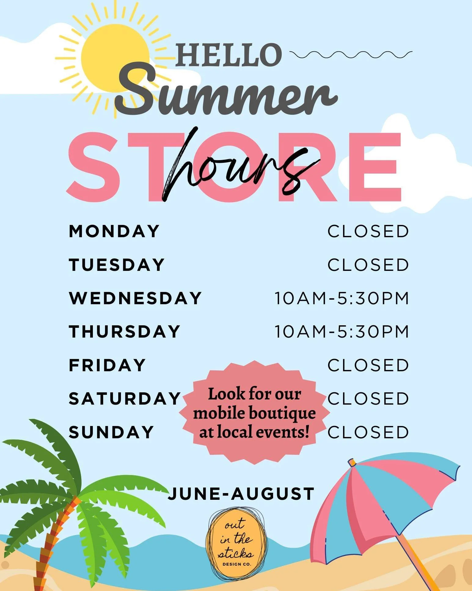 June, July, and August we are tailoring our hours to better serve you! 🫵 Wednesdays and Thursdays will be for in store shopping 10am-5:30pm. Then, looks for our boutique trailer coming to a local event, business, campground, or fair near you on the 