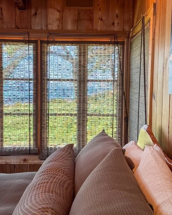 Big Sur Cottage Part One: A unique analog solution at a special cottage in Big Sur where we created old school style bottom up woven wood roll-shades with custom exposed rigging integrated into the home&rsquo;s architecture.  #interiordesign #customw